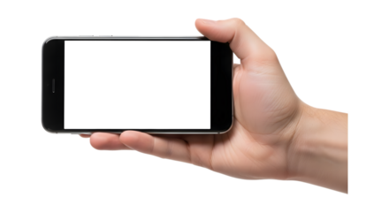 A hand holds a modern smartphone horizontally with a blank white screen.