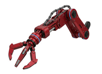 Red Robotic Arm with Claw Mechanism and Blue LED Lights Isolated on Black Background Robotic Technology Industrial Automation Manufacturing Precision Engineering