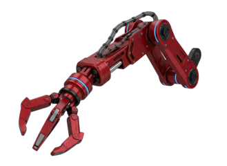 Red Robotic Arm with Claw Mechanism and Blue LED Lights Isolated on Black Background Robotic Technology Industrial Automation Manufacturing Precision Engineering