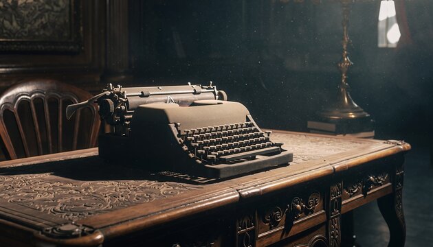 Vintage Typewriter on Ornate Wooden Desk in Dimly Lit Classic Office