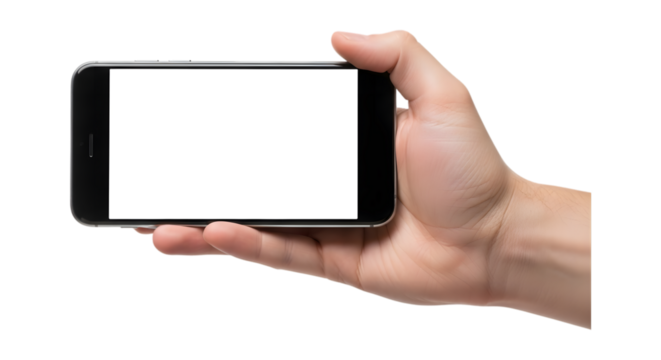 A hand holds a modern smartphone horizontally with a blank white screen.