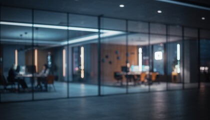 Modern Office Interior with Glass Walls and Soft Lighting in Business Environment