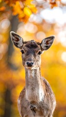 Deer in a vibrant autumn forest looking directly at the camera with soft bokeh