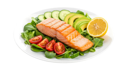 Grilled salmon fillet on fresh green salad with avocado and lemon