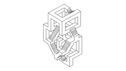 Fototapeta premium Abstract architectural illustration of intersecting cubic forms with intricate staircases and openings