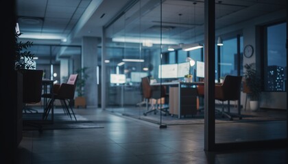 Modern Office Interior with Glass Walls and Workstations in Night Setting