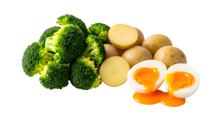 Healthy food mix fresh broccoli, potatoes, and soft-boiled eggs