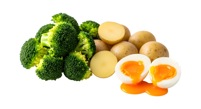 Healthy food mix fresh broccoli, potatoes, and soft-boiled eggs