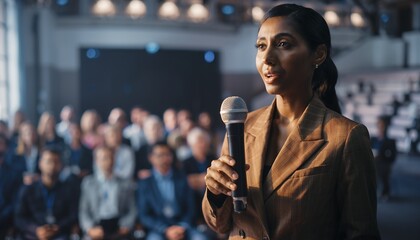 Confident Businesswoman Speaking in Conference Room with Audience During Presentation