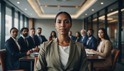 Confident Businesswoman Leading Meeting in Modern Conference Room with Diverse Team