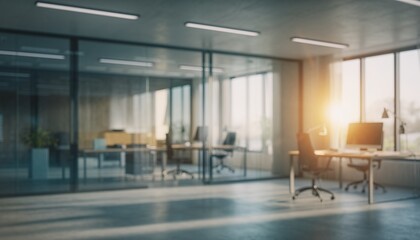 Modern Office Space with Sunlight Streaming Through Large Windows and Minimalist Furniture