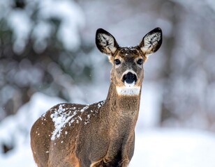 Deer in snow, a natural portrait of animal, facing forward, in blurred winter scene