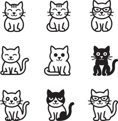 Cute Cat Icons Set, Kawaii Kitty Illustrations, Line Art & Cartoon Cat Graphics Collection