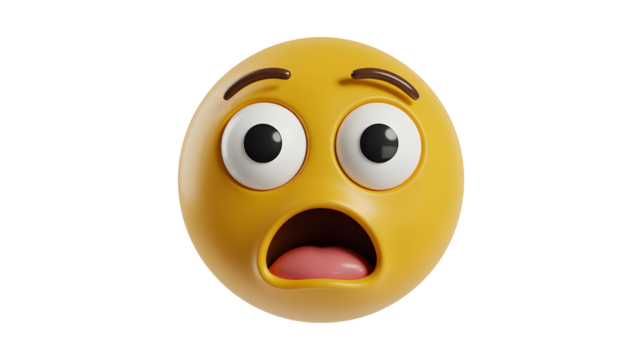 A rendered image of a yellow emoji with wide eyes and open mouth on a black background - Powered by Adobe