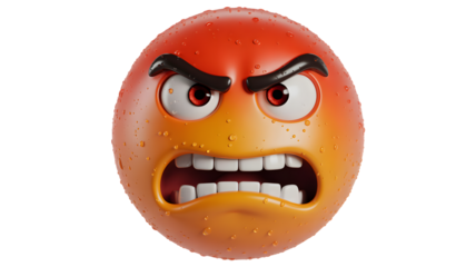 Close up of a red and orange angry emoji with water droplets and a black background looking furious