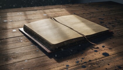 Old Open Notebook with Brown Leather Cover on Wooden Table in Dim Light