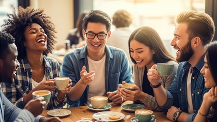 A diverse group of friends enjoying coffee, laughing, and socializing together at a cafe.