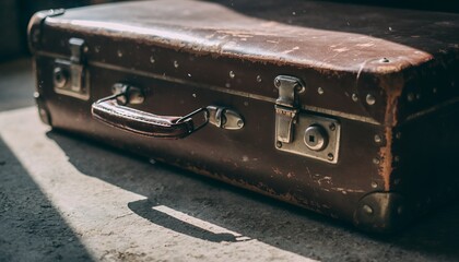 Old Vintage Leather Suitcase with Metal Lock and Handle on Concrete Surface