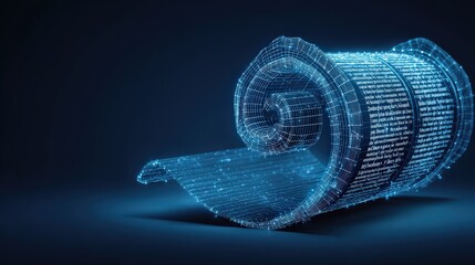 A roll of digital code, unfurling on a dark backdrop, symbolizing the constant evolution of digital information and innovation. ..Created with Generative AI, not depicting real subjects.