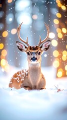 Deer lies in snowy forest clearing with string lights. Serene, peaceful winter scene