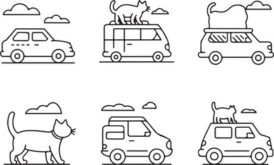 Cute Cat and Car Icons Set, Fun Kitty Travel Illustrations, Line Art Vehicle & Pet Graphics