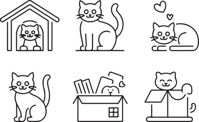 Cute Cat Line Art Icons Set, Playful Kitty Illustrations, Pet Box & House Outline Graphics