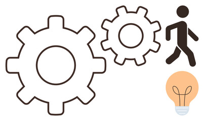 Person walking alongside two turning gears with a light bulb nearby, symbolizing creativity, technology, progress, collaboration, problem-solving, productivity, and innovation as a simple flat