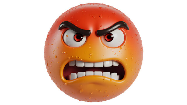 Close up of a red and orange angry emoji with water droplets and a black background looking furious