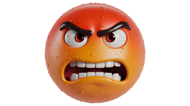 Close up of a red and orange angry emoji with water droplets and a black background looking furious