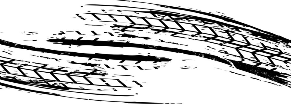 Grunge tire track, wheel braking marks. Truck, car or motorcycle tread pattern silhouette. Auto race, motorsport, speed racing design element