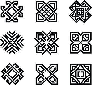 Complex interlaced knot-work geometric abstract ornamental set: traditional tribal ethnic decorative motif collection for fabric, textile, and background print.