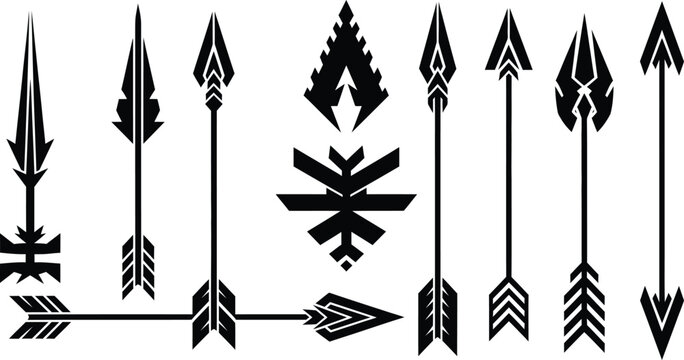 Stylized tribal ethnic abstract arrows and arrowheads collection: decorative native american archery motif elements for fabric, banner, logo, and tattoo design.