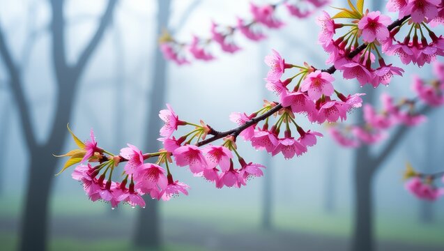 Pink cherry blossoms with dewdrops in misty forest