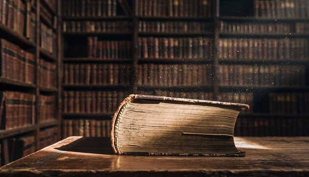 Old Leather-bound Book Resting on Wooden Table in Historic Library