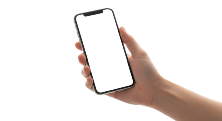 Hand holding a smartphone with a blank screen isolated on transparent background