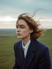 A female model on a grassy hilltop &ndash; Cinematic Open Sky Portrait
