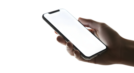 Hand holding a smartphone with a blank white screen isolated on transparent background