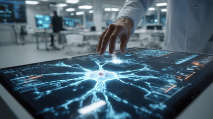 Scientist Analyzing Brain Cell Data on Interactive Touchscreen Display in Modern Laboratory, Futuristic Technology for Medical Research and Pharmaceutical Development, Neurology 