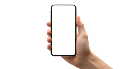 Hand holding a smartphone with a blank white screen isolated on transparent background