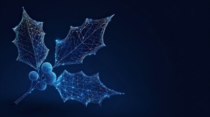 A digital holly sprig, rendered in a striking network design, showcases a minimalist yet festive representation with a dark backdrop. ..Created with Generative AI, not depicting real subjects.