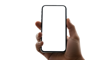 Hand holding a smartphone with a blank white screen isolated on transparent background