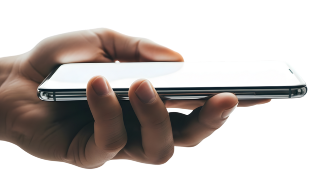 Hand holding a smartphone isolated on transparent background - Powered by Adobe