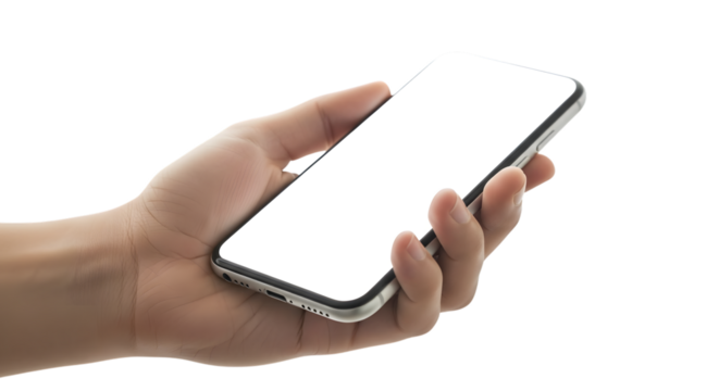 Hand holding a smartphone with a white screen isolated on transparent background - Powered by Adobe