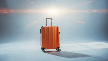 Orange Suitcase on Airport Terminal Floor with Bright Sunlight Backdrop