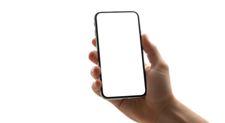 Hand holding a smartphone with a blank screen isolated on transparent background