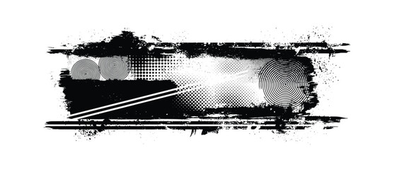 Obraz premium Grunge banner element, brush stroke frame, ink splash texture, halftone pattern, spiral shapes vector.