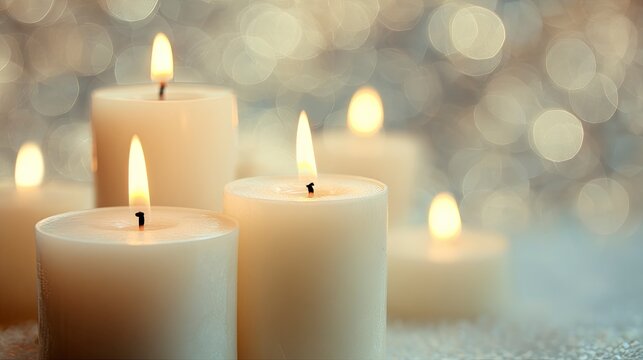 Elegant candles glow warmly against a shimmering bokeh background, ideal for creating a peaceful and festive atmosphere for your holiday designs