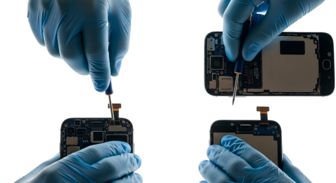 Hands in blue gloves repairing a smartphone isolated on transparent background