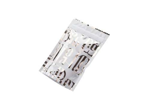 Luxury snack pouch floating with glossy reflective details white background