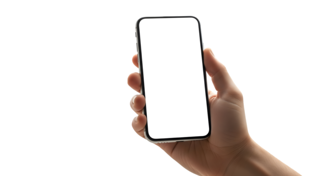Hand holding a smartphone with a blank screen isolated on transparent background